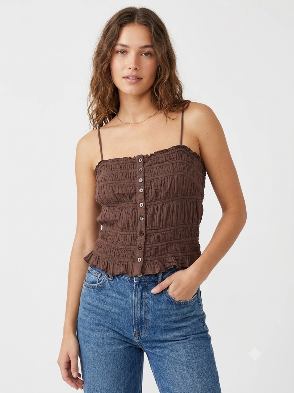 FP One Smocked Button-Front Spaghetti Strap Camisole in Chocolate Brown